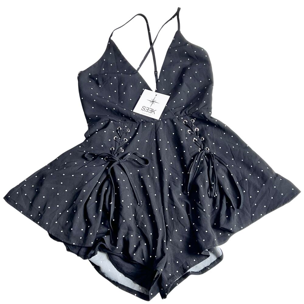 SEEK Black Polka Dot Dress Deep V-neckline Lace-up Details Size S New